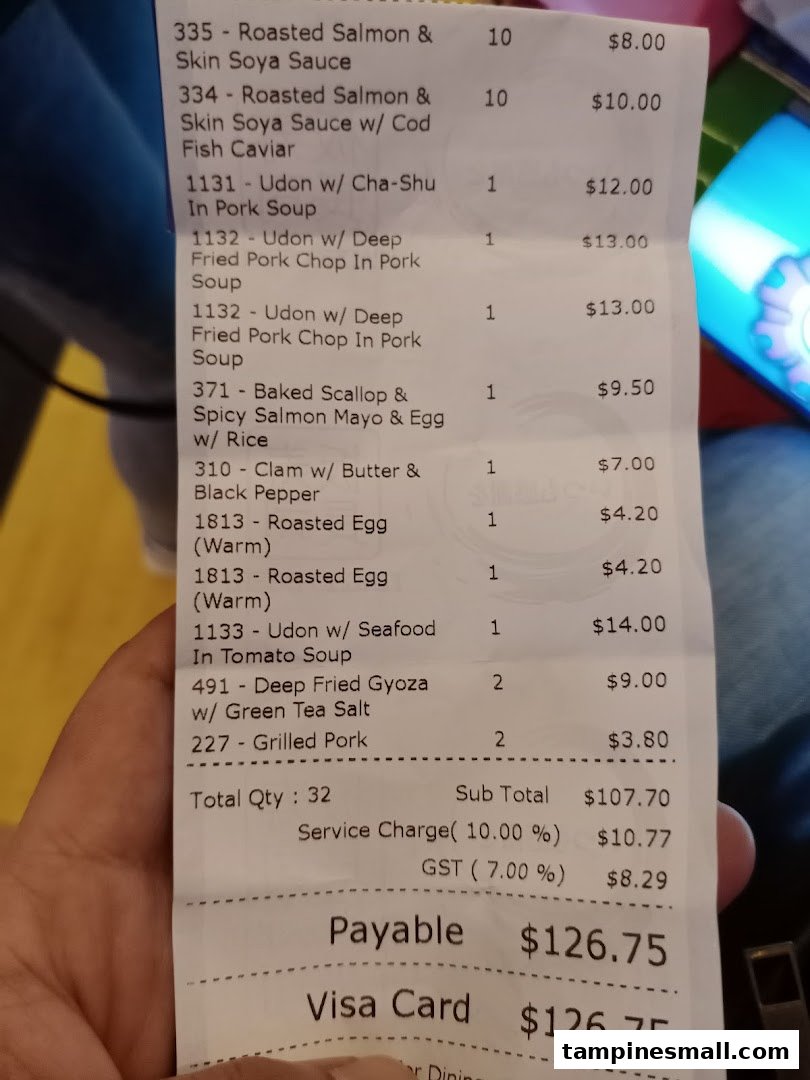 A detailed receipt from Itacho Sushi, listing various Japanese dishes, quantities, and prices.