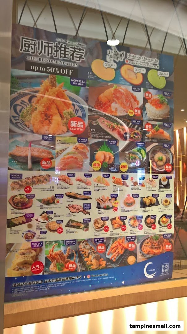 A large promotional menu board for Itacho Sushi, showcasing various Japanese dishes with special offers.