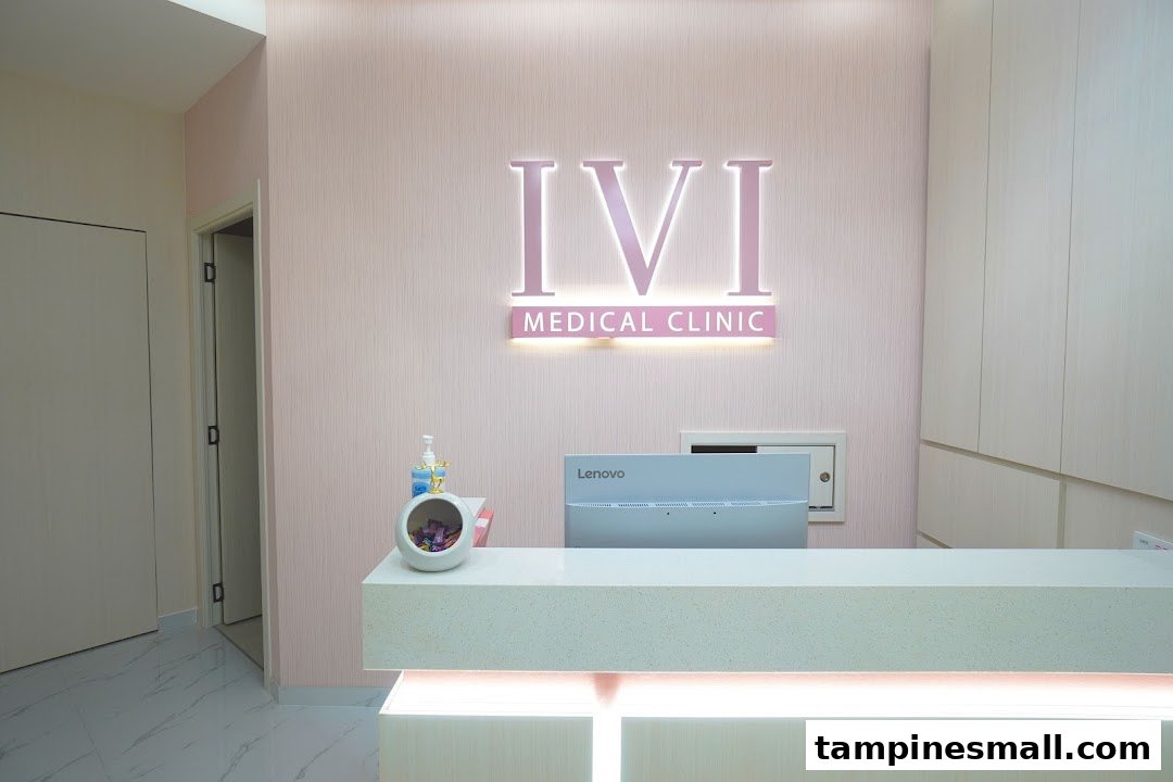 Interior view of IVI Medical Clinic's reception desk with illuminated logo.