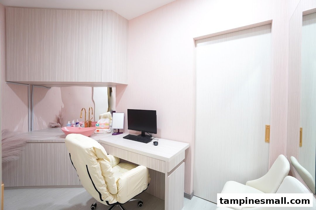 A modern, pink-themed medical clinic room with a desk, computer, sink, and comfortable chairs.