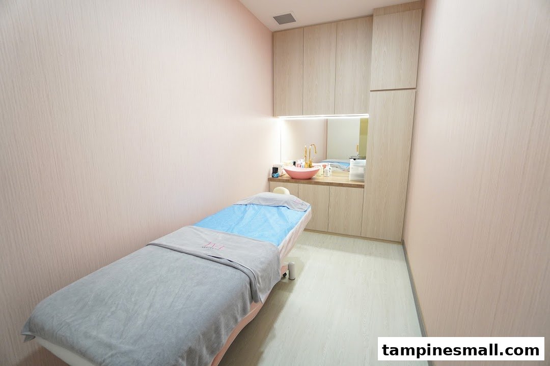 A clean, modern treatment room with a bed and sink, featuring light pink walls and wooden cabinetry.