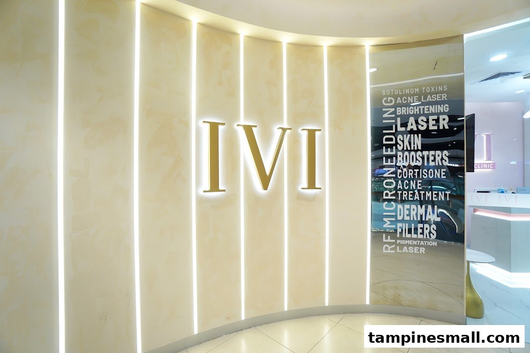 The elegant entrance of IVI Therapeutics, featuring its illuminated gold logo and a list of aesthetic services.