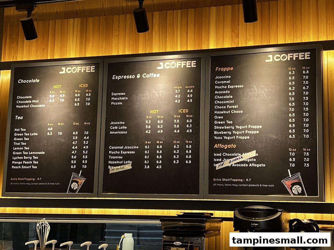 A detailed menu board displaying various coffee, tea, chocolate, frappe, and affogato options with prices and sizes.