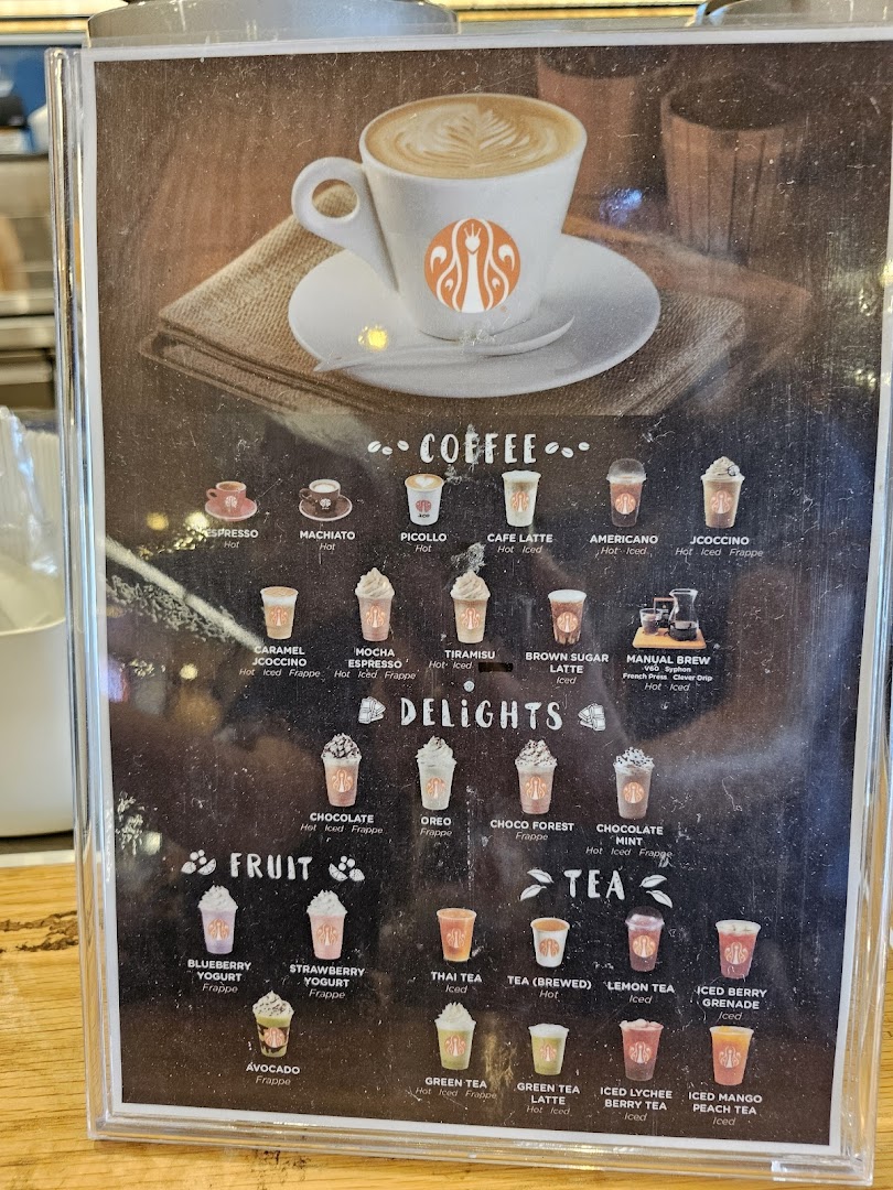 A detailed menu board displaying various coffee, delight, fruit, and tea beverages from J.Co Donuts & Coffee.