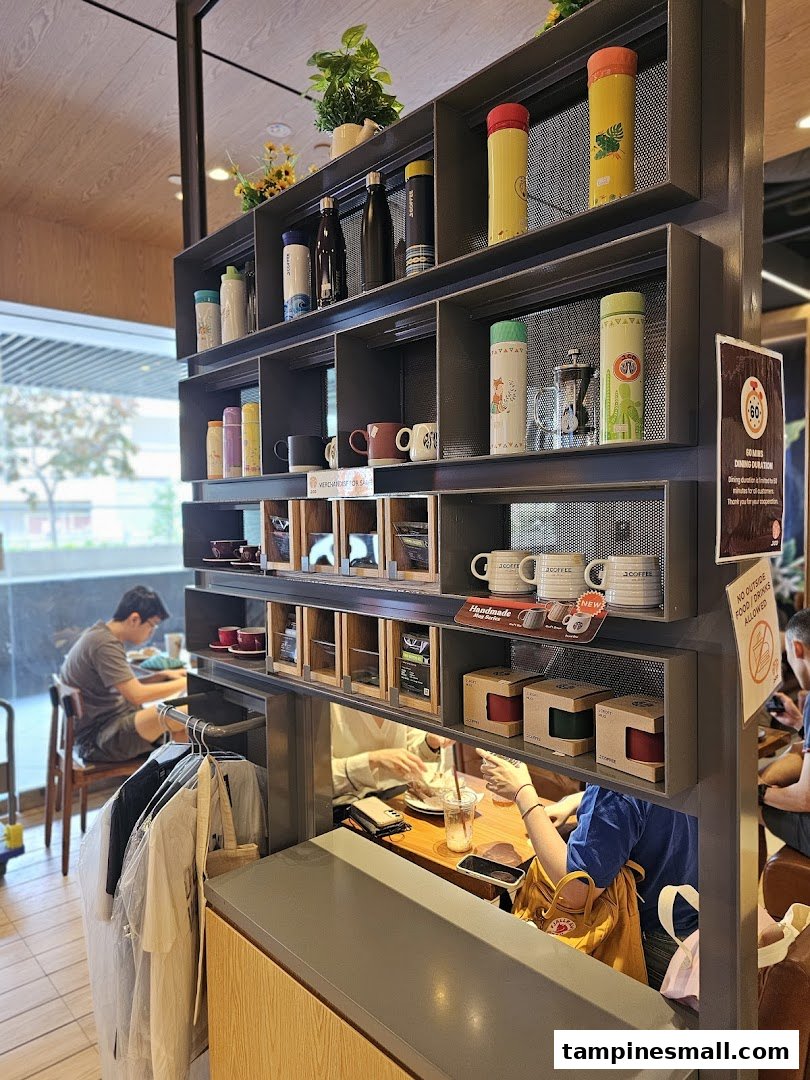 Interior view of J.Co Donuts & Coffee, showcasing merchandise and a bustling counter area.
