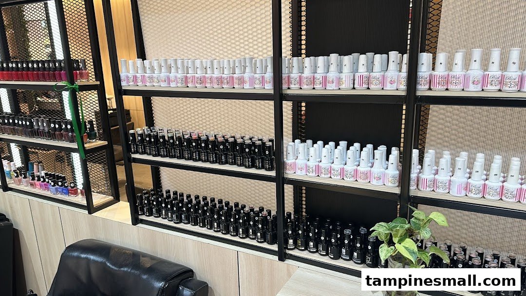 Shelves displaying a wide variety of nail polish bottles in a beauty salon.