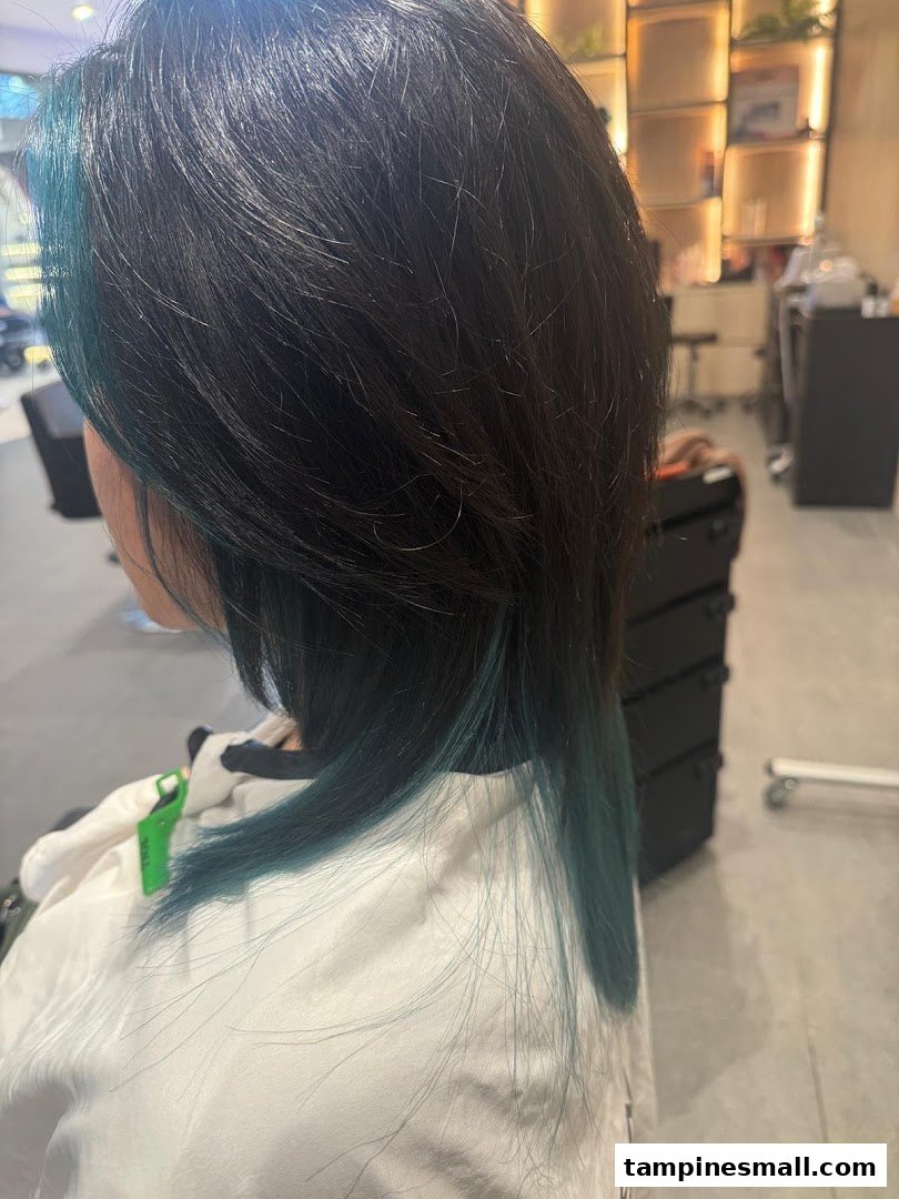 A person with dark hair and vibrant teal highlights, wearing a salon cape, showcasing a hair service.