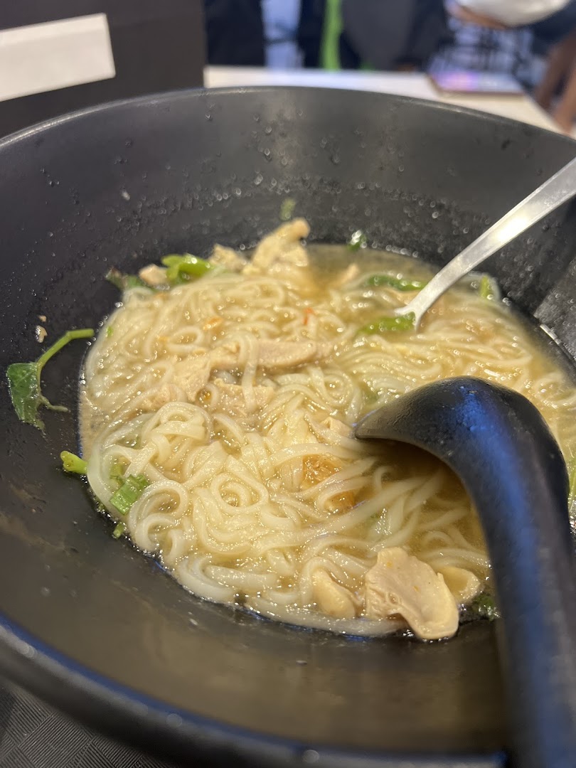 A close-up of a comforting bowl of noodles with chicken and greens.