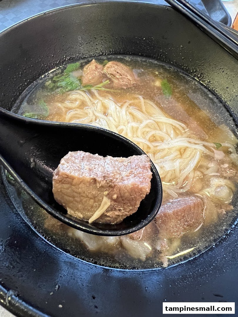 A close-up of a hearty bowl of beef noodles with tender beef chunks, ready to be enjoyed.
