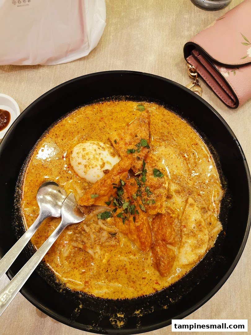 A close-up of a delicious bowl of curry noodles or laksa with egg and fried toppings.