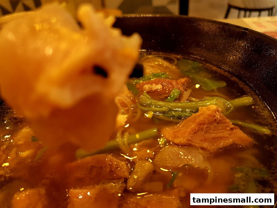 Close-up of a hearty bowl of noodles or soup with tender meat and vegetables, a piece being lifted.