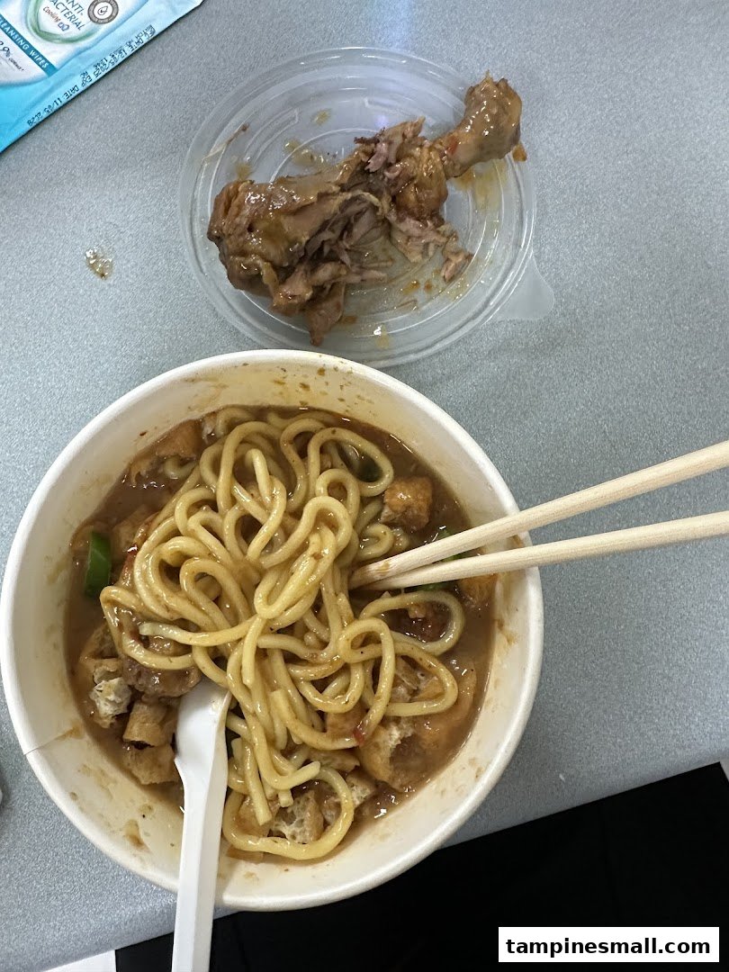A comforting bowl of noodles with a side of braised chicken, showcasing a satisfying meal.
