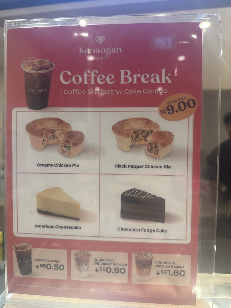 A menu board from Kenangan Coffee showcasing their 'Coffee Break' combo with pies, cakes, and coffee upgrade options.