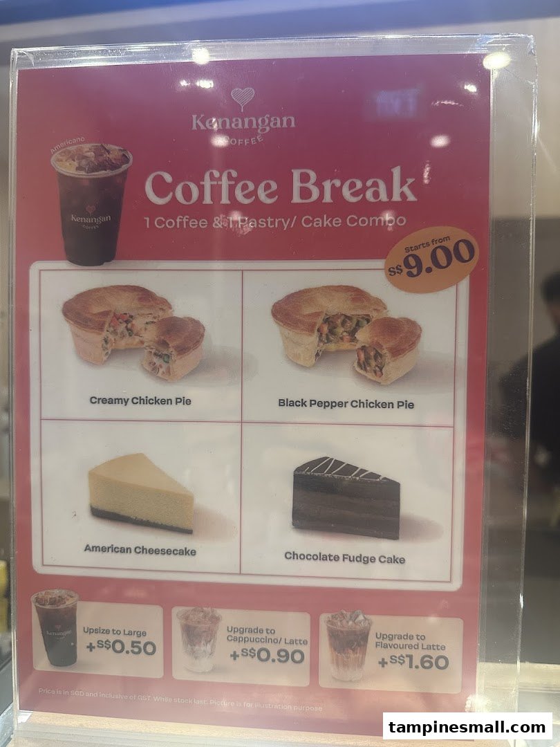 A menu board from Kenangan Coffee showcasing their 'Coffee Break' combo with pies, cakes, and coffee upgrade options.