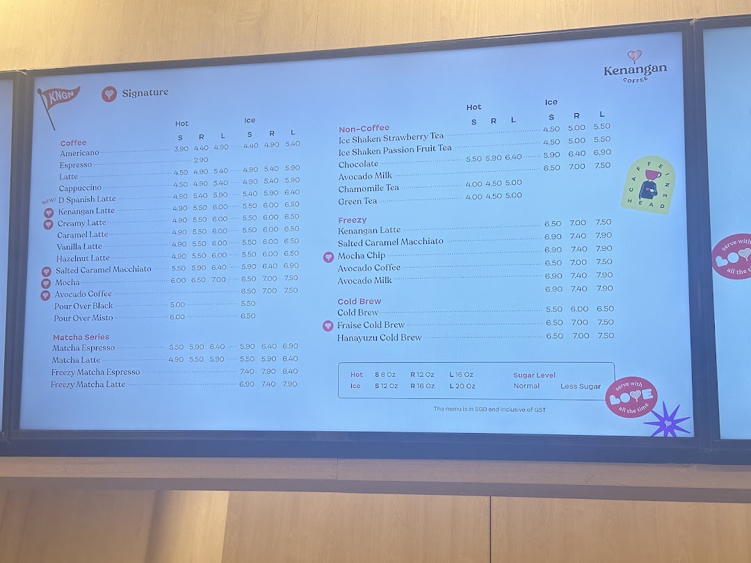 A digital menu board displaying various coffee, non-coffee, freezy, cold brew, and matcha beverages with prices.
