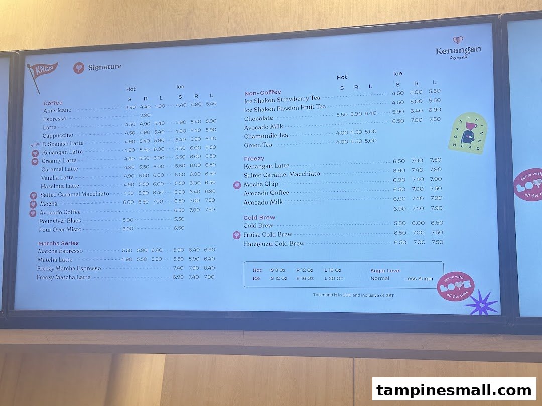 A digital menu board displaying various coffee, non-coffee, freezy, cold brew, and matcha beverages with prices.