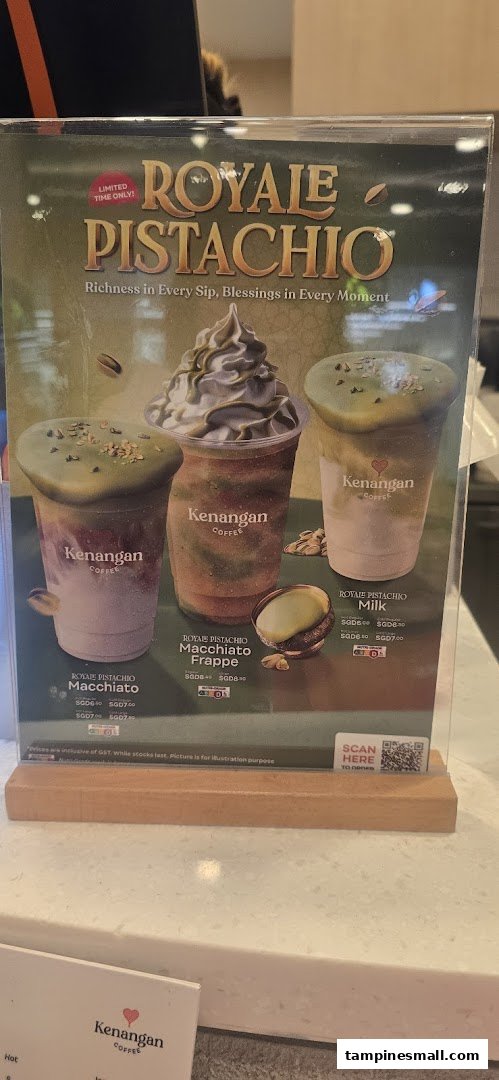 A promotional display board showcasing Kenangan Coffee's limited-time Royale Pistachio drink series.