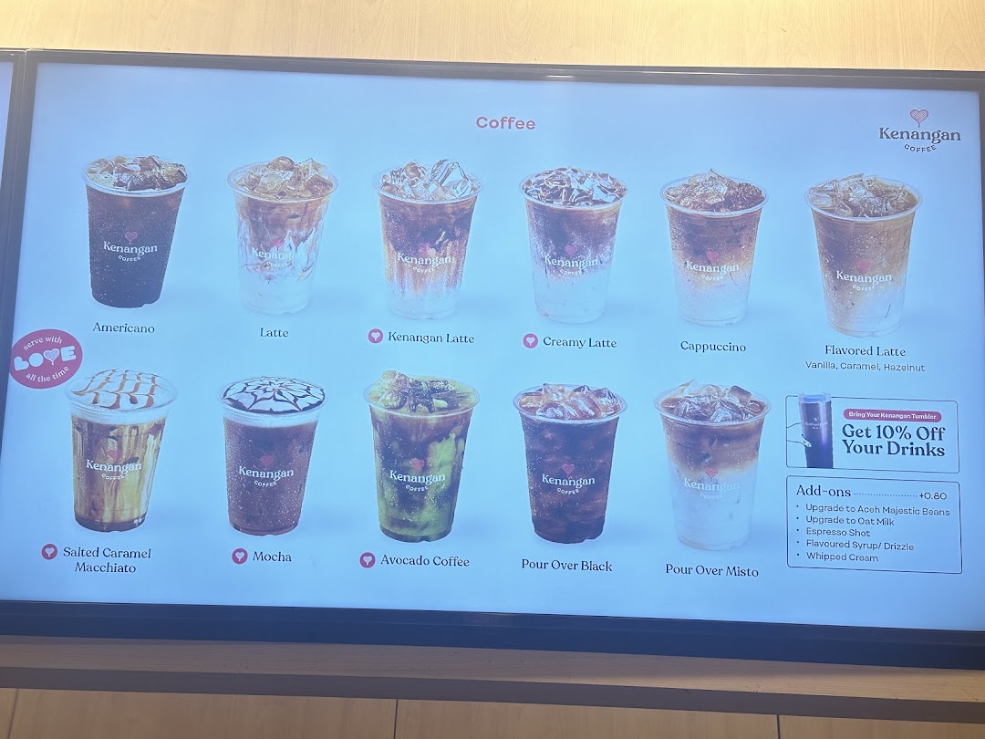 A digital menu board displaying various iced coffee beverages and add-ons from Kenangan Coffee.