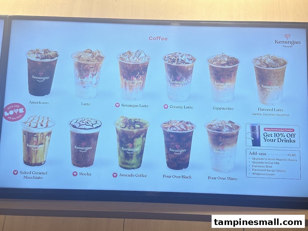 A digital menu board displaying various iced coffee beverages and add-ons from Kenangan Coffee.