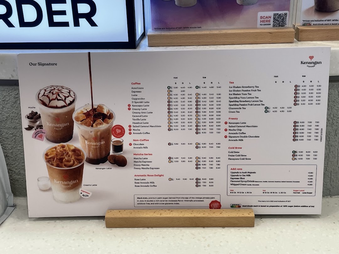 A detailed menu board for Kenangan Coffee, displaying various hot and cold beverages with prices.