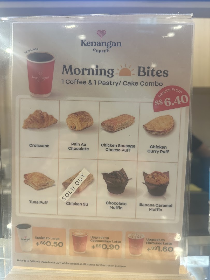 A menu board displaying Kenangan Coffee's 'Morning Bites' combo with coffee and pastry options.