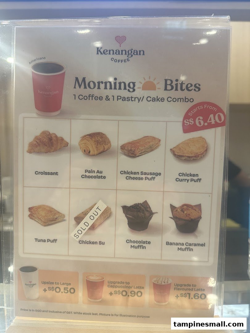 A menu board displaying Kenangan Coffee's 'Morning Bites' combo with coffee and pastry options.