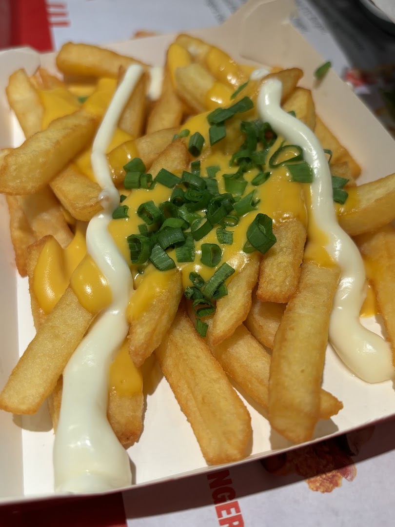 A close-up shot of golden fries topped with melted cheese, mayonnaise, and fresh green onions.
