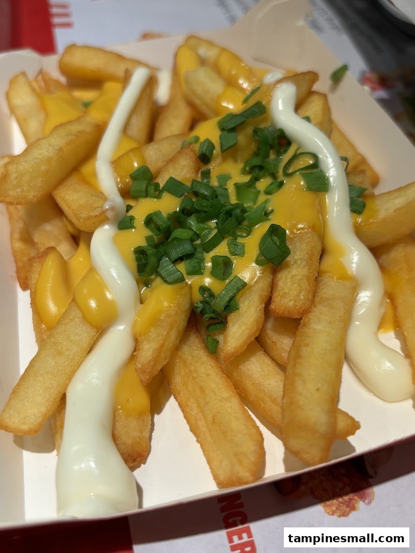 A close-up shot of golden fries topped with melted cheese, mayonnaise, and fresh green onions.