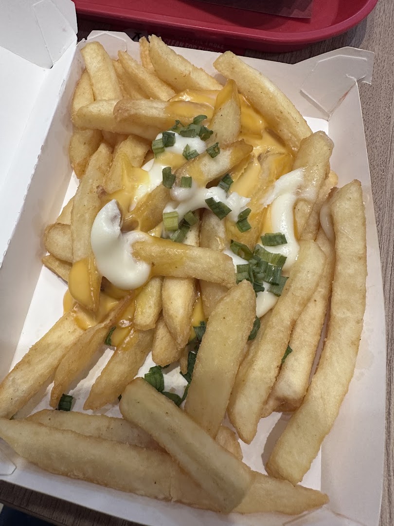 A close-up of golden fries topped with melted cheese, creamy sauce, and fresh green onions.