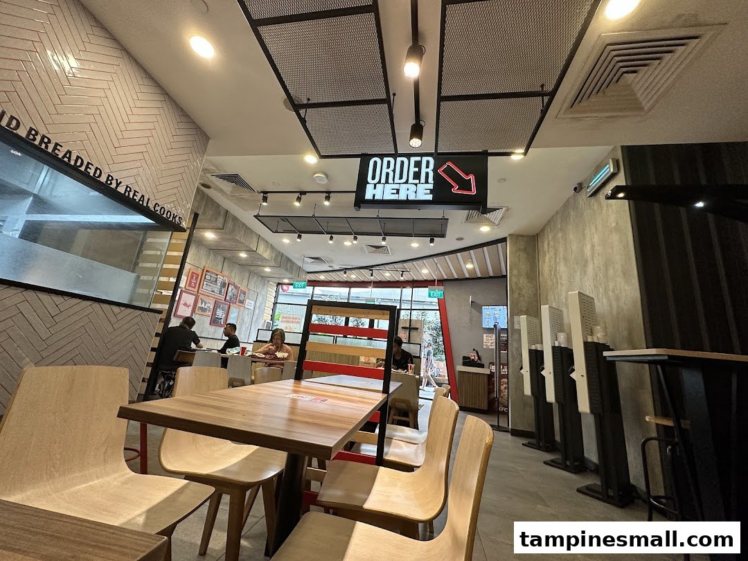 Interior view of a KFC restaurant showing dining area, self-order kiosks, and customers.