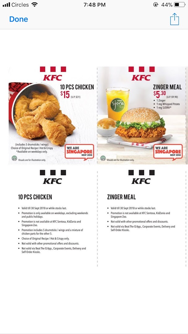 A promotional flyer from KFC showcasing discounted 10-piece chicken and Zinger Meal offers.