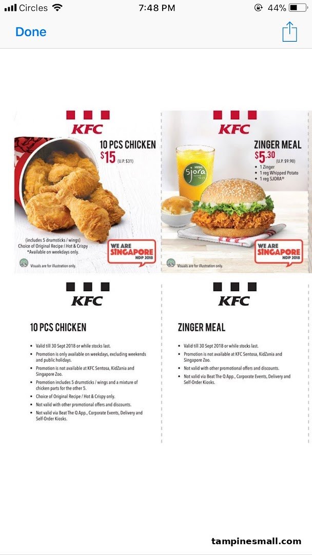 A promotional flyer from KFC showcasing discounted 10-piece chicken and Zinger Meal offers.