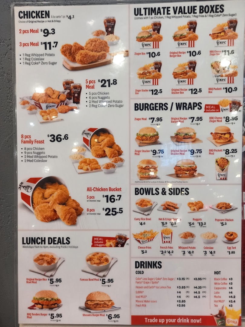 A detailed menu board for KFC, showcasing various chicken meals, burgers, sides, and drinks.