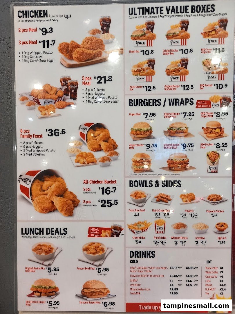 A detailed menu board for KFC, showcasing various chicken meals, burgers, sides, and drinks.