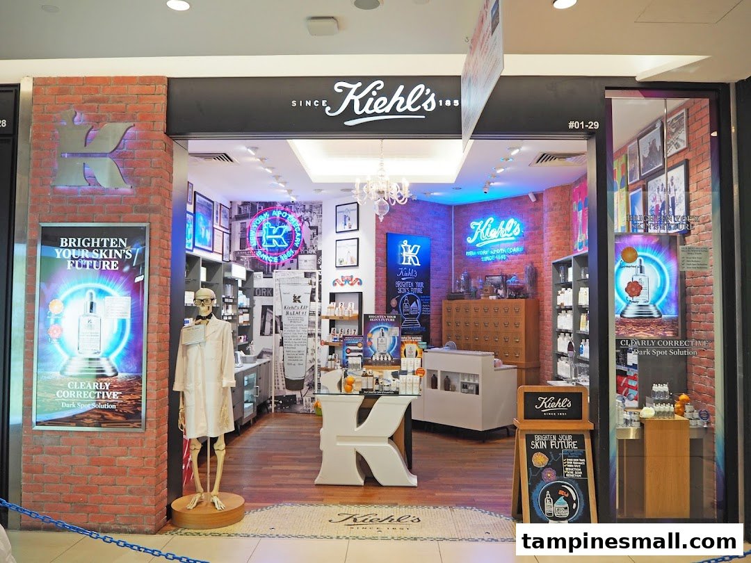 The vibrant storefront of Kiehl's at Tampines Mall, featuring skincare displays and a unique skeleton mascot.