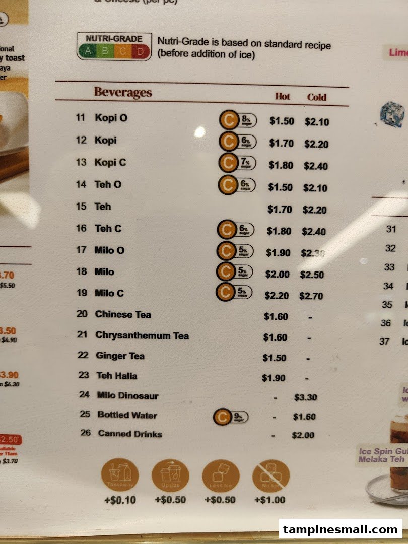 A detailed menu board displaying a variety of hot and cold beverages with prices and Nutri-Grade information.