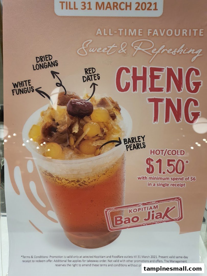 A promotional poster for Kopitiam's Cheng Tng, highlighting its ingredients and a special price offer.