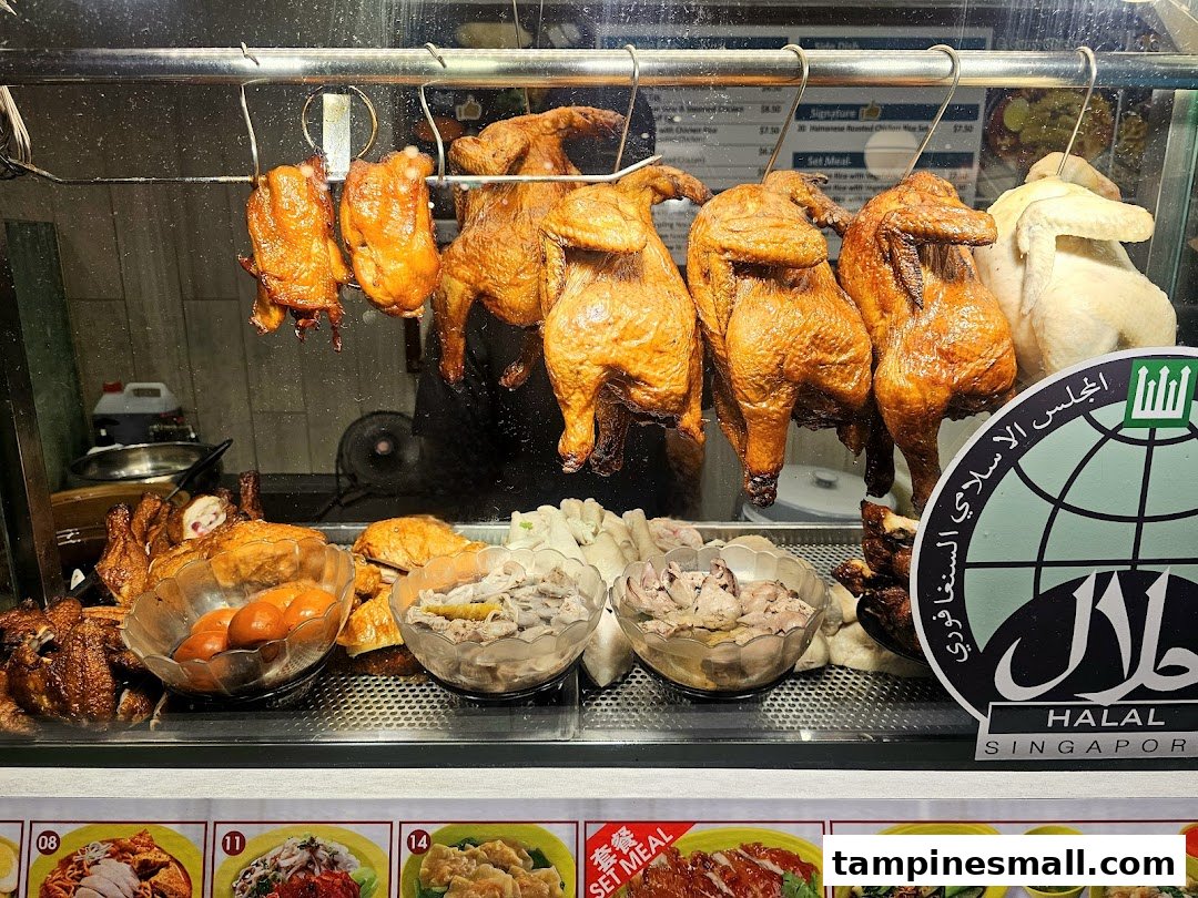 A vibrant display of roasted and steamed chickens, along with side dishes, in a Halal-certified food stall.
