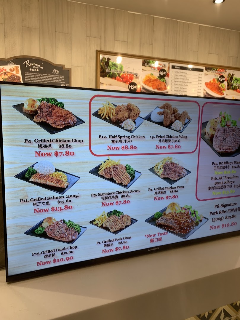 A digital menu board displaying a variety of Western-style main courses with images and promotional prices.