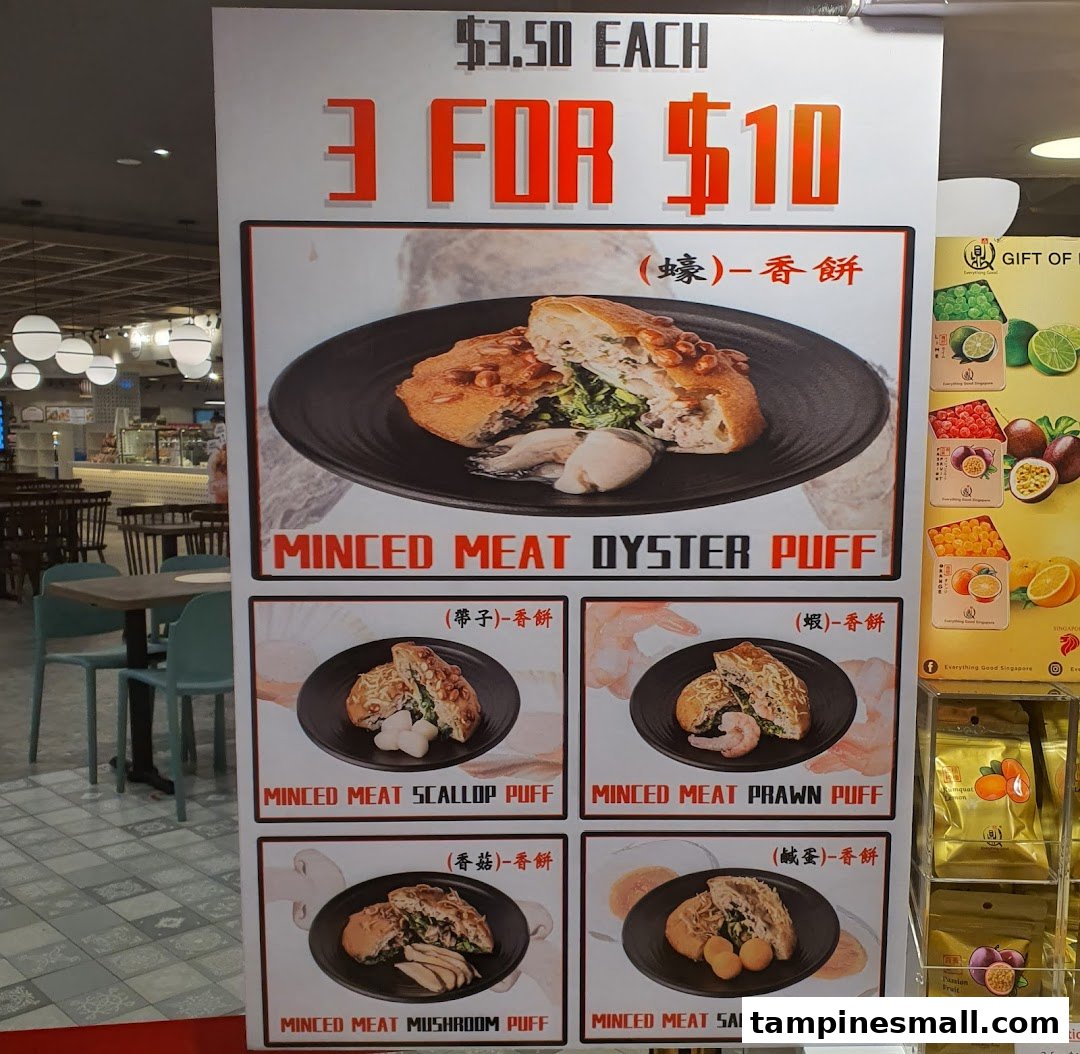 A menu board showcasing various minced meat puffs with pricing details.