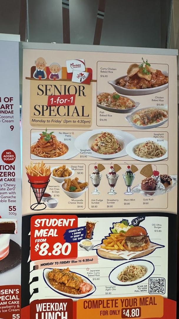 A vibrant menu board for Kopitiam, showcasing a variety of Asian and Western dishes, desserts, and special meal deals.