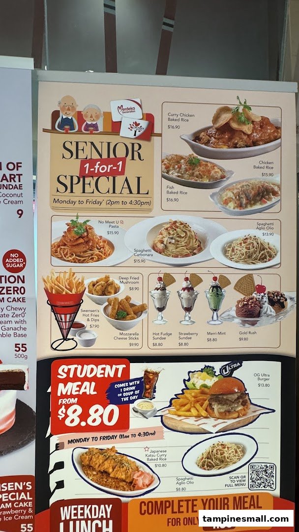 A vibrant menu board for Kopitiam, showcasing a variety of Asian and Western dishes, desserts, and special meal deals.