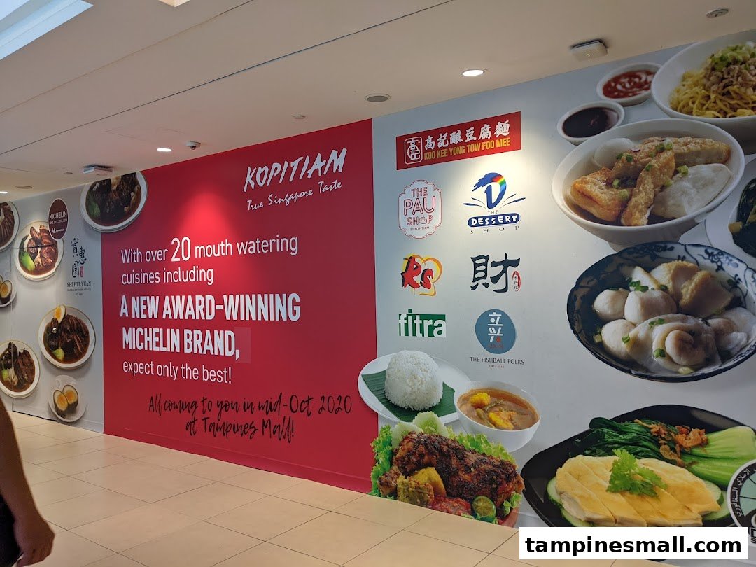 A vibrant promotional wall graphic for Kopitiam, showcasing diverse Singaporean cuisines, partner brands, and a Michelin-awarded offering.