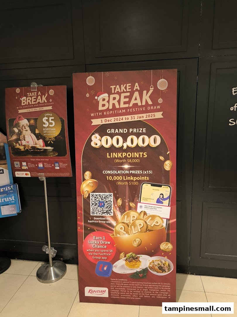 Two promotional banners for Kopitiam's festive draw and a Mastercard voucher offer, featuring Santa and Linkpoints.