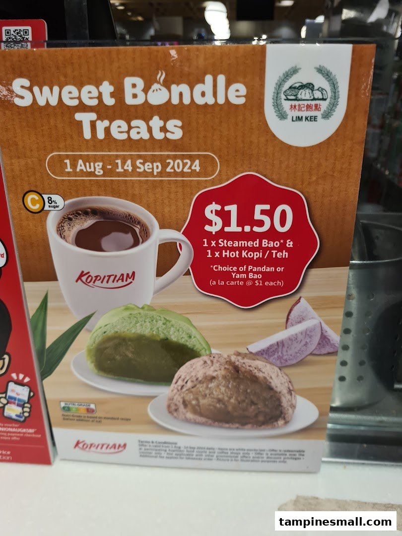 A promotional poster for Kopitiam's 'Sweet Bundle Treats' featuring a hot drink and two types of bao.
