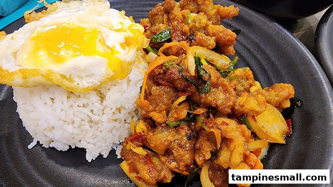 A close-up of a delicious meal featuring rice, a fried egg, and savory stir-fried chicken or meat on a dark plate.