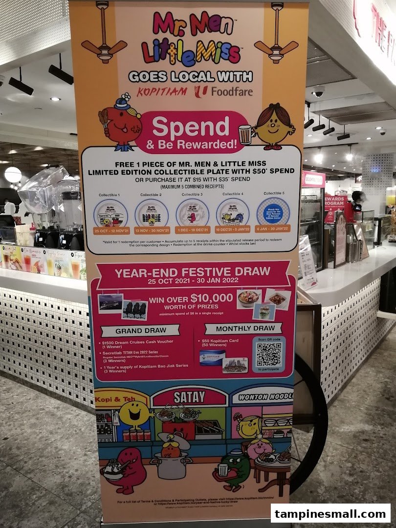A promotional banner for Kopitiam featuring a 'Mr. Men Little Miss' collaboration and a year-end festive draw with prizes.