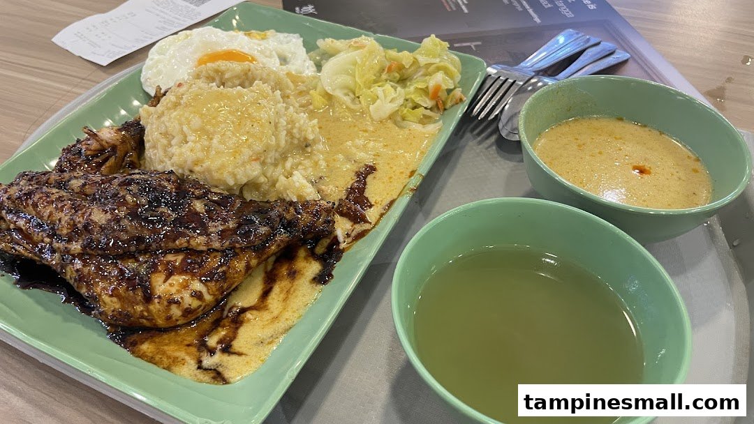 A delicious meal featuring glazed chicken, rice, fried egg, vegetables, and two accompanying soups.