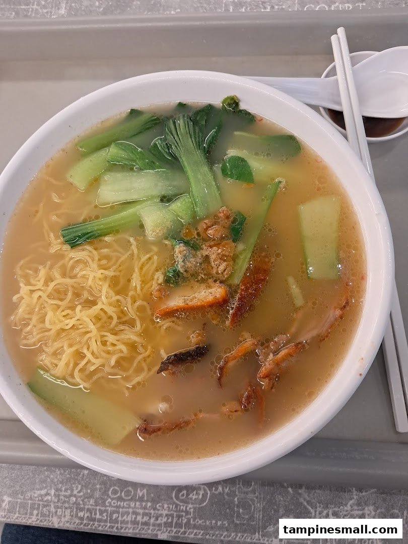 A close-up of a delicious bowl of noodles with char siew, vegetables, and a rich broth.