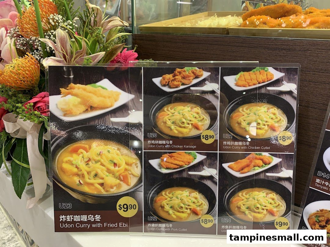 A display board showcasing various Udon Curry dishes with their prices and images at Kopitiam.
